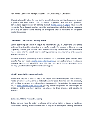 How Parents Can Choose the Right Tuition for Their Child in Jaipur