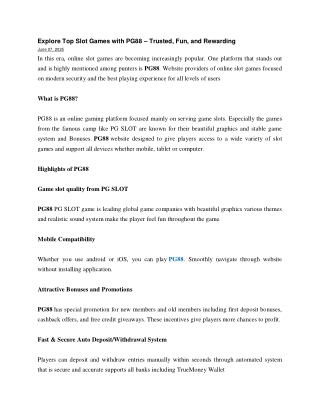 Explore Top Slot Games with PG88 – Trusted, Fun, and Rewarding