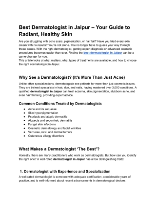 Best Dermatologist in Jaipur – Your Guide to Radiant, Healthy Skin
