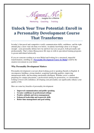 Transform Yourself with Management Me’s Personality Development Course In Malad