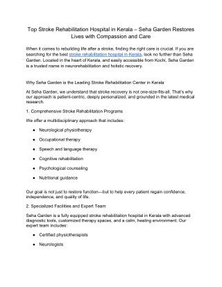 Top Stroke Rehabilitation Hospital in Kerala – Seha Garden Restores Lives with Compassion and Care