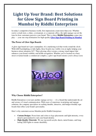 Top-Quality Glow Sign Board Printing in Mumbai – Riddhi Enterprises