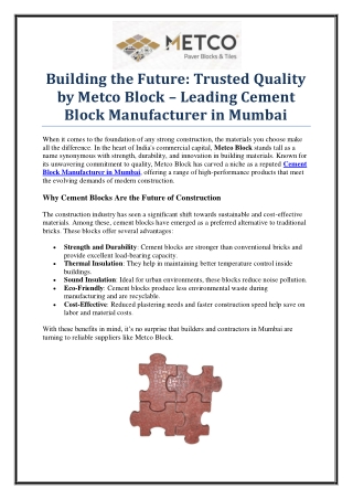 Metco Block – Leading Cement Block Manufacturer in Mumbai for Durable Constructi