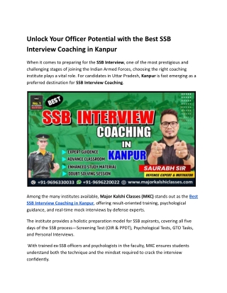 Unlock Your Officer Potential with the Best SSB Interview Coaching in Kanpur
