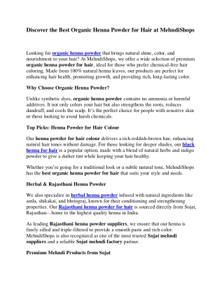 Discover the Best Organic Henna Powder for Hair at MehndiShops