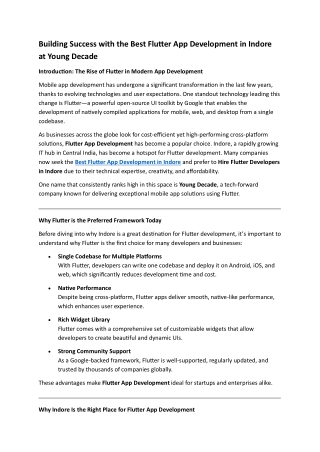 Building Success with the Best Flutter App Development in Indore at Young Decade