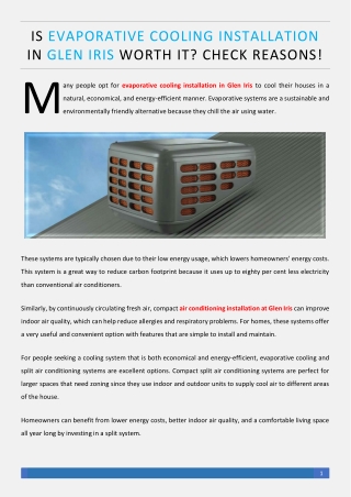 Is Evaporative Cooling Installation in Glen Iris Worth It - Check Reasons