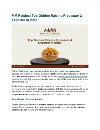 MM Raisins Top Golden Raisins Processor & Exporter in India