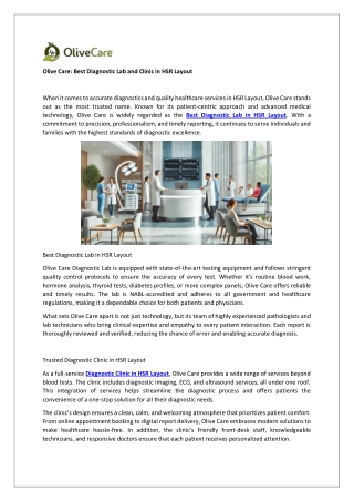 Olive Care: Best Diagnostic Lab and Clinic in HSR Layout