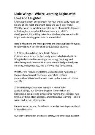 Little Wings – Best Preschool in Bopal for Early Development