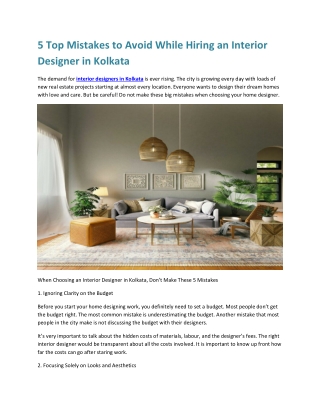 5 Top Mistakes to Avoid While Hiring an Interior Designer in Kolkata