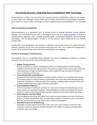 Post-Stroke Recovery: Integrating Neurorehabilitation with Technology