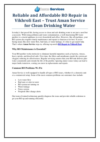 Affordable & Fast RO Repair in Vikhroli East – Book with Aman Service Today!