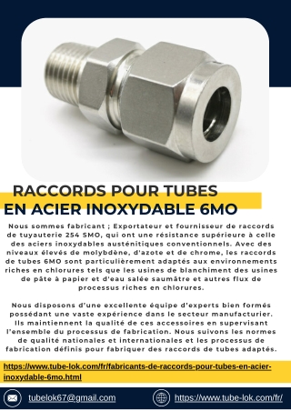 Raccords pour tubes en acier inoxydable 6MO