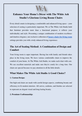 Enhance Your Home’s Décor with The White Ash Studio’s Glorious Living Room Chairs