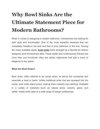 Why Bowl Sinks Are the Ultimate Statement Piece for Modern Bathrooms?