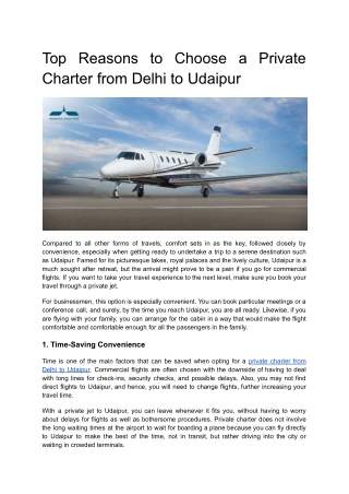 Top Reasons to Choose a Private Charter from Delhi to Udaipur