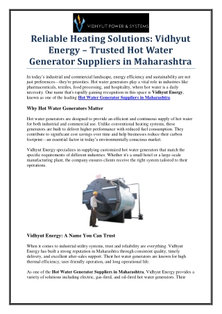 Affordable Hot Water Generator Suppliers in Maharashtra | Vidhyut Energy