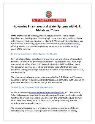 Advancing Pharmaceutical Water Systems with G. T. Metals and Tubes