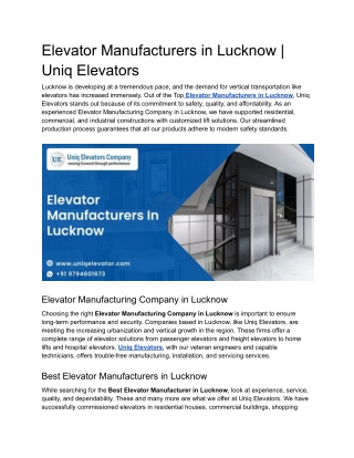 Elevator Manufacturers in Lucknow _ Uniq Elevators