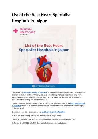 List of the Best Heart Specialist Hospitals in Jaipur