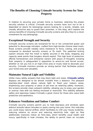 The Benefits of Choosing Crimsafe Security Screens for Your Property