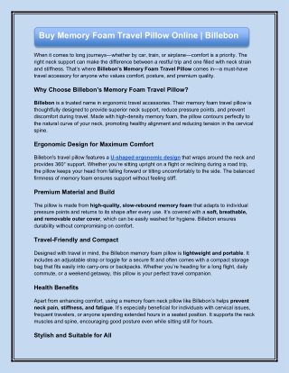 Buy Memory Foam Travel Pillow Online - Billebon