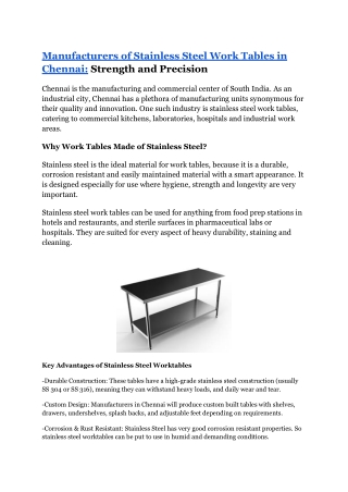 Stainless Steel Work Table Manufacturers in Chennai - subamkitchens