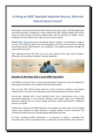 Is Hiring an SMSF Specialist Maximise Returns Minimise Risks & Secure Future
