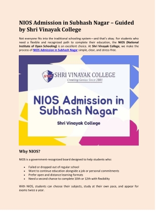 NIOS Admission in Subhash Nagar - Shri Vinayak College