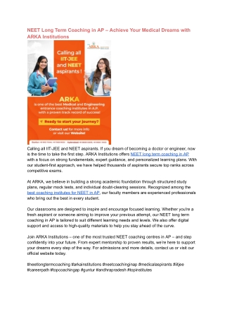 NEET Long Term Coaching in AP – Achieve Your Medical Dreams with ARKA Institutio