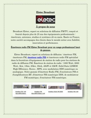 Émetteur radio FM Eletec Broadcast idéal pour la radiodiffusion locale et régionale