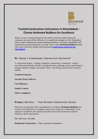 Trusted Construction Contractors in Ahmedabad  Choose Brahmani Buildcon for Excellence