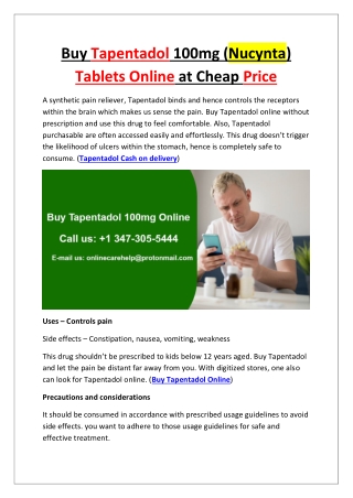 Buy Tapentadol 100mg (Nucynta) Tablets Online at Cheap Price