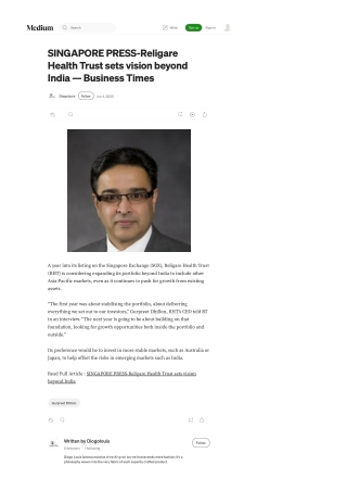 SINGAPORE PRESS-Religare Health Trust sets vision beyond India - Business Times