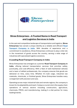 Shree Enterprises A Trusted Name in Road Transport and Logistics Services in India