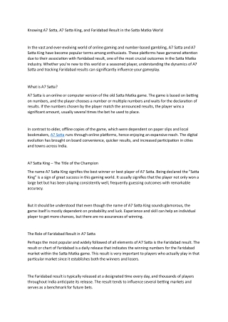 Knowing A7 Satta, A7 Satta King, and Faridabad Result in the Satta Matka World