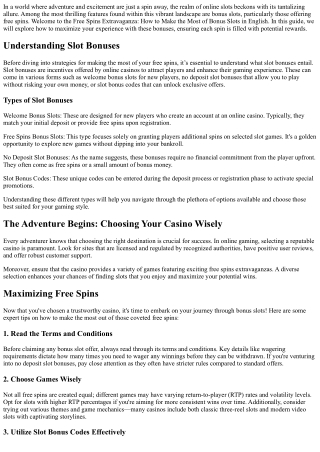 Free Spins Extravaganza: How to Make the Most of Bonus Slots