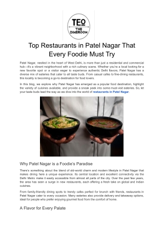 Top Restaurants in Patel Nagar That Every Foodie Must Try