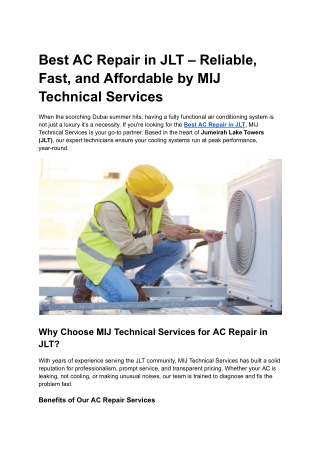 Best AC Repair in JLT – Reliable, Fast, and Affordable by MIJ Technical Services
