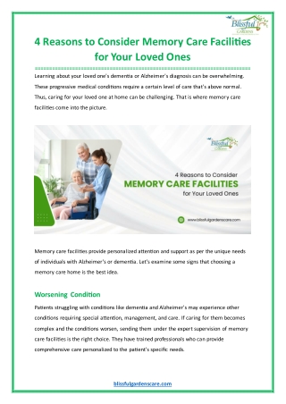 4 Reasons to Consider Memory Care Facilities for Your Loved Ones