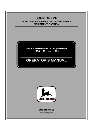 John Deere JS60 JS61 and JS63 21-Inch Walk-Behind Rotary Mowers Operator’s Manual Instant Download (pin.010001-) (Public