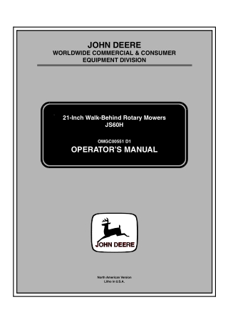 John Deere JS60H 21-Inch Walk-Behind Rotary Mower Operator’s Manual Instant Download (pin.100001-) (Publication No.OMGC0