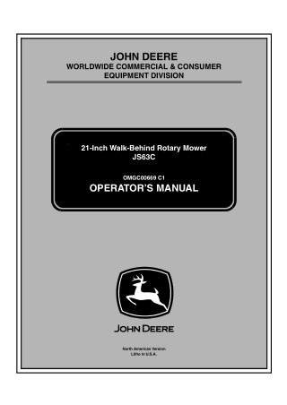John Deere JS63C 21-Inch Walk-Behind Rotary Mower Operator’s Manual Instant Download (pin.100001-) (Publication No.OMGC0