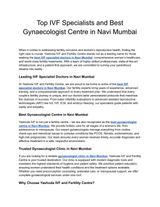 Top IVF Specialists and Best Gynaecologist Centre in Navi Mumbai