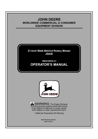 John Deere JS63E 21-Inch Walk-Behind Rotary Mower Operator’s Manual Instant Download (pin.100001-) (Publication No.OMGC0