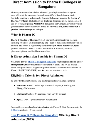Direct Admission to Pharm D Colleges in Bangalore