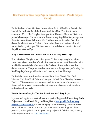 Best Pandit for Kaal Sarp Puja in Trimbakeshwar – Pandit Satyam Guruji