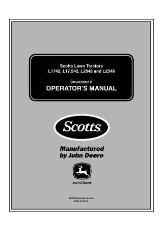 John Deere L1742 L17.542 L2048 and L2548 Scotts Lawn Tractors Operator’s Manual Instant Download (pin.010001-)(Publicati