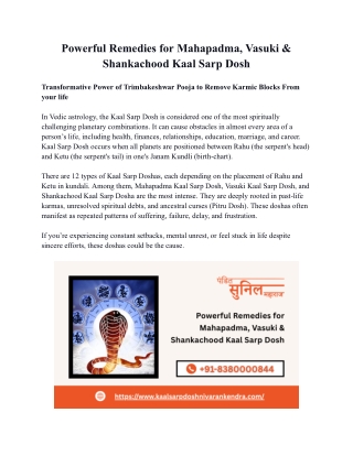 Powerful Remedies for Mahapadma, Vasuki & Shankachood Kaal Sarp Dosh